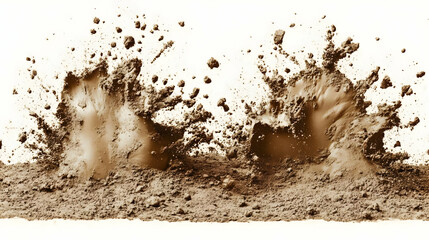 Mud splashes explode upwards from the ground dramatically against a white background