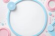 Abstract composition featuring pastel blue and pink geometric shapes on a white background.