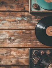 Aufkleber - Vinyl records on wooden table surface creating a nostalgic atmosphere of music and relaxation. Generative AI