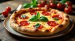 © Angel Pic - A delectable, freshly baked pizza with melted cheese and vibrant tomato slices, adorned with fragrant basil leaves, rests on a rustic wooden table alongside a cluster of ripe tomatoes.