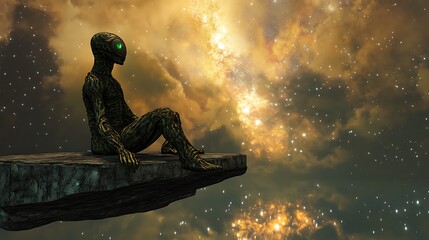 an alien seated on a floating platform observing the infinite wonders of the cosmos