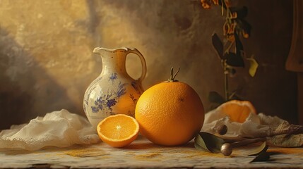 Canvas Print - Still life with oranges and a decorative pitcher