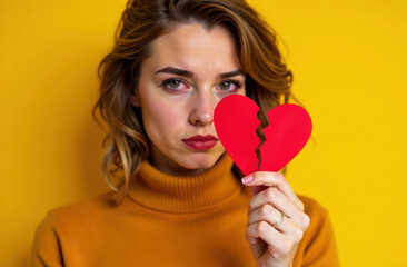 Young caucasian female holding broken heart symbol against yellow background