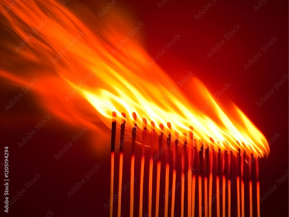 Burning Matches Ignite with a Fiery Cascade of Orange and Red Flames Against a Dark Background