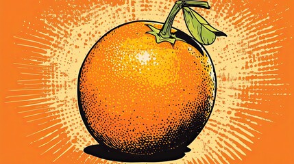 Sticker - A Vibrant Orange Fruit With Green Stem Against A Sunburst Background