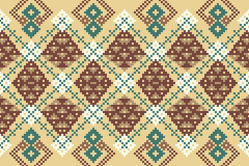 Wall Mural - Cross Stitch pattern with Floral Designs. Traditional cross stitch needlework. Geometric Ethnic pattern, Embroidery, Textile ornamentation, fabric, Hand stitched pattern, Cultural stitching pixel art.