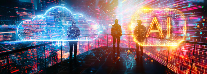 AI and cloud computing moving to futurem, Three men stand on a balcony overlooking a vibrant futuristic city, AI concept banner background.