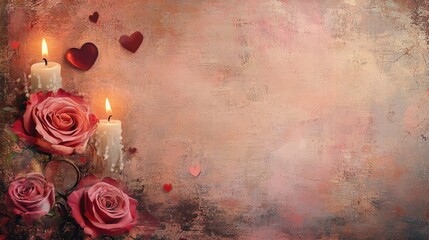 Poster - Romantic arrangement featuring roses and candles creating a warm atmosphere for a special occasion or celebration. Generative AI