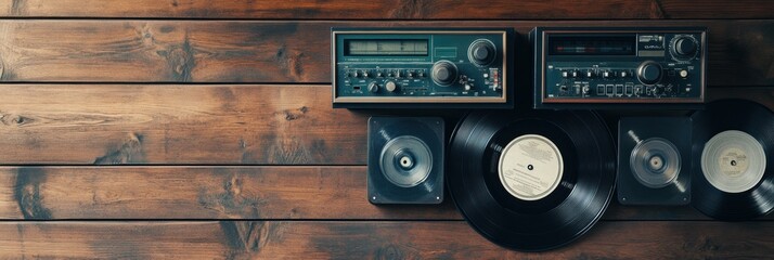 Poster - Vintage record player with vinyl records and cassette deck on wooden table. Generative AI