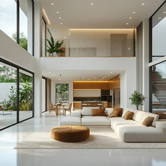 Wall Mural - A large, open living room with a white couch, a brown ottoman