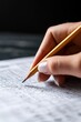 © Anastasiya - A close-up of a hand with manicured white nails holding a sharp yellow pencil, marking answers on a multiple-choice test sheet with a blurred dark background