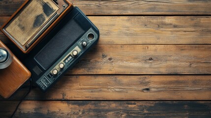 Fototapete - Retro radio and vintage speaker on rustic wooden table showcasing nostalgia and classic design elements. Generative AI