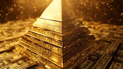 A grandiose pyramid built from shimmering gold bars and neatly stacked cash, with a lavish setting