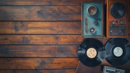 Fototapete - Vintage record players and vinyl records on a wooden surface creating a nostalgic atmosphere. Generative AI