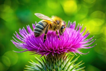 Wall Mural - Rule of thirds composition highlights a bee diligently pollinating a vibrant purple thistle.