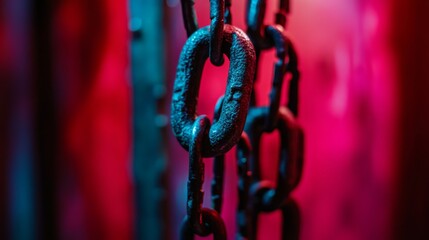 Wall Mural - a close-up view of heavy metallic chains. the chains reflect a blend of vibrant red and blue light. 