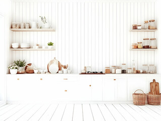 Minimalist White Kitchen Interior Design Shows Open Shelving and Wooden Accents Beautifully in a Modern Home.