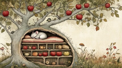 Poster - Cozy mouse resting in tree hollow surrounded by colorful fruits and apples in a whimsical garden setting. Generative AI