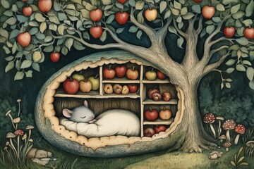 Poster - Cozy mouse resting in a hollow tree filled with fruits under an apple tree during a serene evening. Generative AI