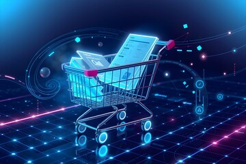 Poster - A shopping cart full of digital documents. automated invoice and receipt management concept.
