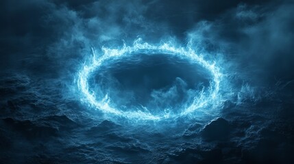 a radiant glowing circle in icy blue tones floating on a matte dark backdrop