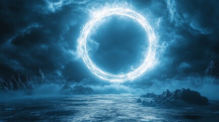 a radiant glowing circle in icy blue tones floating on a matte dark backdrop
