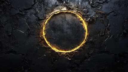 A single metallic circle in gold with a soft glow on a black textured backdrop 