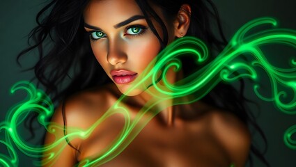 Wall Mural - A surreal portrait of a woman with wild black hair, glowing neon stripes.