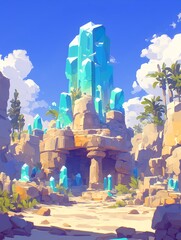 Wall Mural - A crystal stone forest with smooth-edged pillars against a bright colorful background