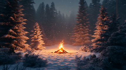 Wall Mural - Beautiful scene of campfire blazing in winter forest 