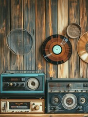Fototapete - Vintage audio equipment displayed against a rustic wooden wall featuring vinyl records and retro design. Generative AI