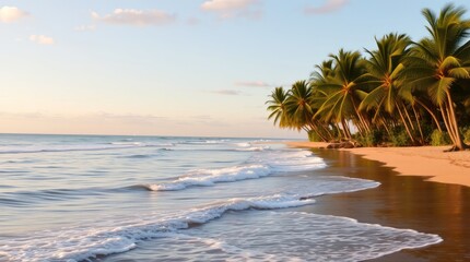 Wall Mural - A lone palm tree sways gently on a pristine tropical beach, with the turquoise ocean and a vibrant sky creating a picture-perfect summer paradise