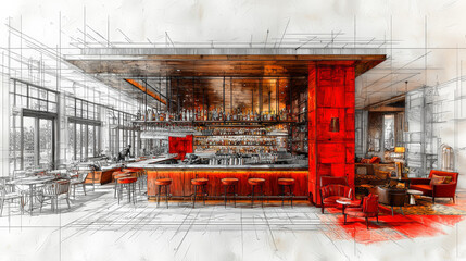 Wall Mural - A captivating image that transitions effortlessly from a vibrant color photograph of a sleek modern bar room to a meticulously detailed pencil sketch.