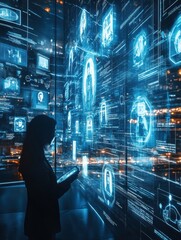 Aufkleber - Exploring digital data visualizations in a futuristic urban environment at night. Generative AI