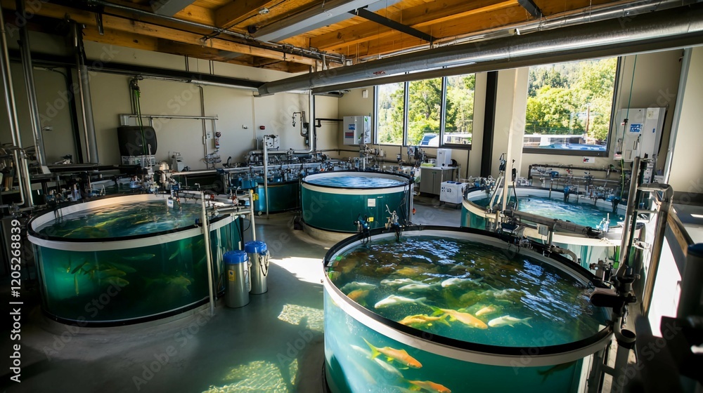 Aquaculture facility with large tanks containing various species of ...