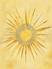 Fototapete - Golden sunburst design with intricate rays and circular center on a bright yellow background. Generative AI