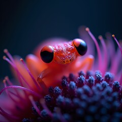 Fototapete - a close-up of a red insect on a pink flower, with a blue background. The insect's eyes are large and prominent, and it appears to be a type of flower-feeding insect.