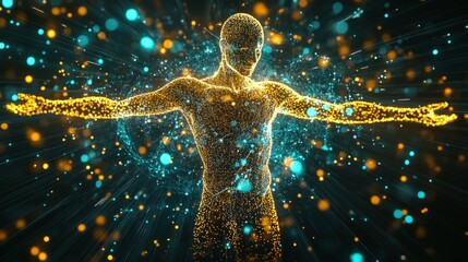 Poster - A glowing, abstract human figure is surrounded by vibrant particles, symbolizing energy and interconnectedness in a digital universe.