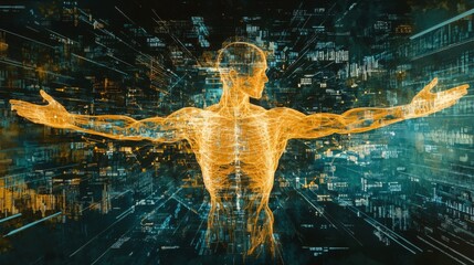 Aufkleber - A glowing, digital figure stands with arms outstretched, surrounded by vibrant data streams, representing the fusion of technology and human form.