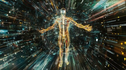 Fototapete - A glowing, digital human figure stands with arms outstretched, surrounded by a dynamic, data-like environment, suggesting themes of technology and human evolution.