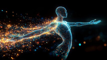 Aufkleber - A glowing, digital figure stands with arms outstretched, surrounded by shimmering particles that evoke a sense of energy and transformation.