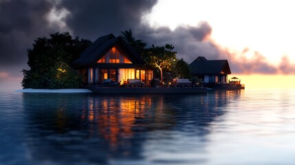 Wall Mural - Sunset Overwater Bungalow Paradise: Tropical Island Getaway