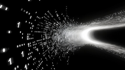 Abstract digital vortex tunnel with binary code and light beams creating a futuristic motion effect