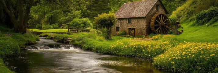 Aufkleber - Relaxing day by a watermill near a stream surrounded by vibrant greenery and wildflowers in a serene countryside setting. Generative AI
