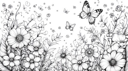 Wall Mural - Detailed Line Art of Flowers and Butterflies for Coloring Pages and Crafts