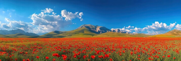 Poster - Vibrant poppy field under a clear blue sky in a scenic mountainous landscape during daylight. Generative AI