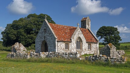 Quaint stone chapel surrounded by lush greenery under a bright blue sky with fluffy clouds