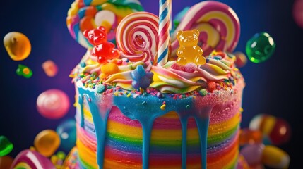 A vibrant layered rainbow cake decorated with dripping icing and gummy bears and candies