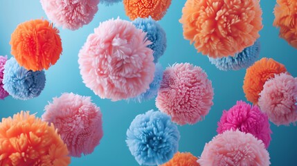 Wall Mural - colorful 3d rendering of fluffy balls floating in the air against a blue background.
