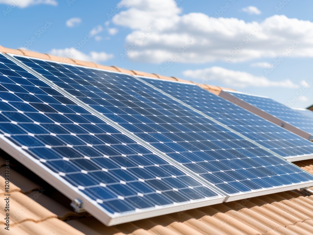 Solar panels installed on a rooftop under a bright blue sky with fluffy ...